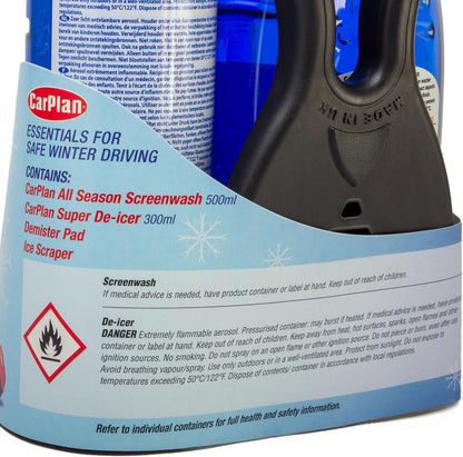 CarPlan Winter Essentials Kit, 4 Piece Set - Ice Scraper, De-Icer Spray, Windshield Washer Fluid & Window Demister Pad
