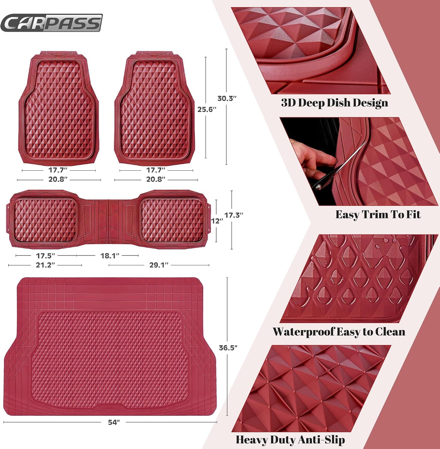 CAR PASS Heavy Duty Rubber Car Mats, Deep Dish All-Weather Floor Mat for Car Full Set Durable Anti-Slip 3D Rhombus Waterproof Trim to Fit Liner Universal Fit Automotive,Sedan,SUV,Truck, 3 Piece Black