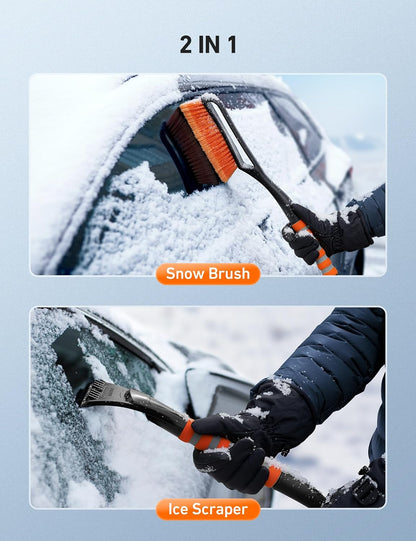 AstroAI 2 Pack 27" Snow Brush and Ice Scrapers for Car Windshield, Detachable Snow Scrapers with Ergonomic Foam Grip for Cars, Trucks, SUVs (Heavy Duty ABS, PVC Brush, Orange)