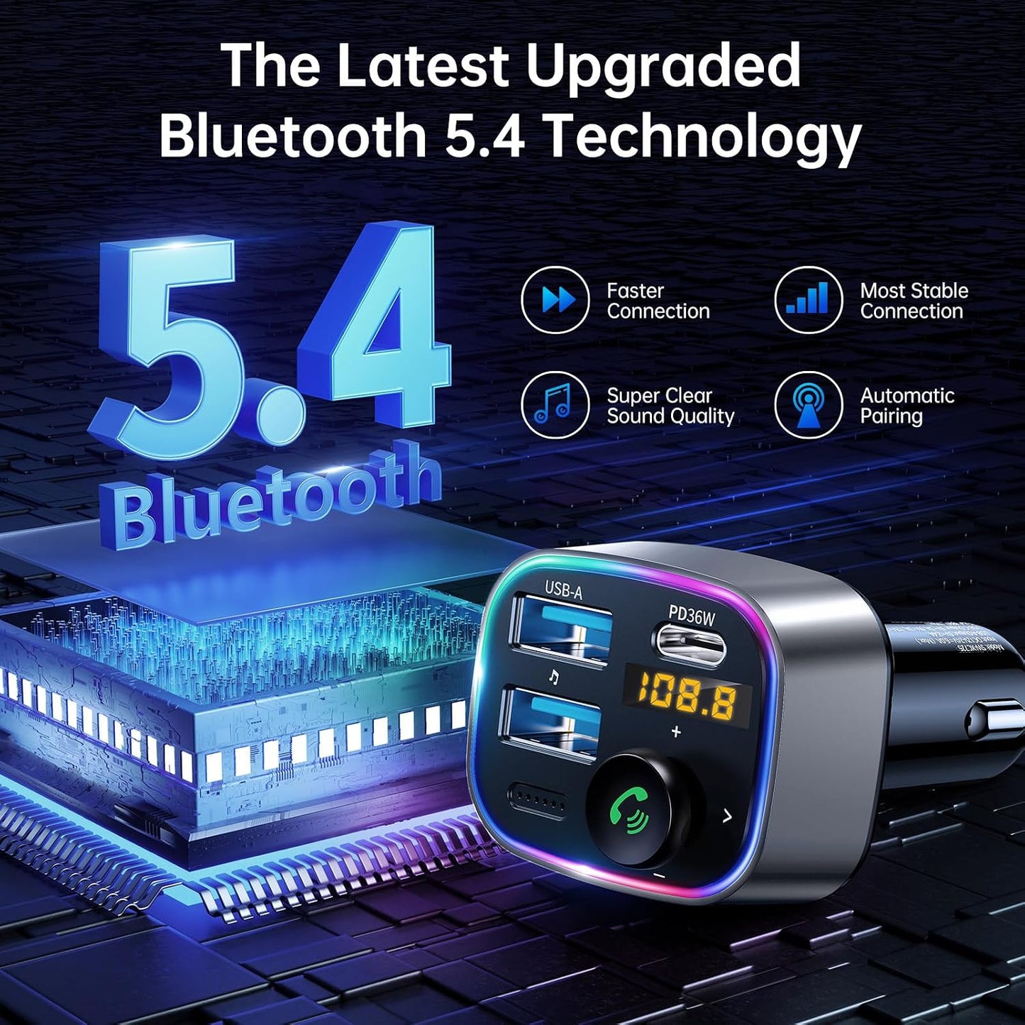 Syncwire Bluetooth 5.4 FM Transmitter Car Adapter 48W (PD 36W & 12W) [Light Switch] [HiFi Bass Sound] [Fast Charging] Wireless Radio Music Adapter LED Display Hands-Free Calling Support USB Drive