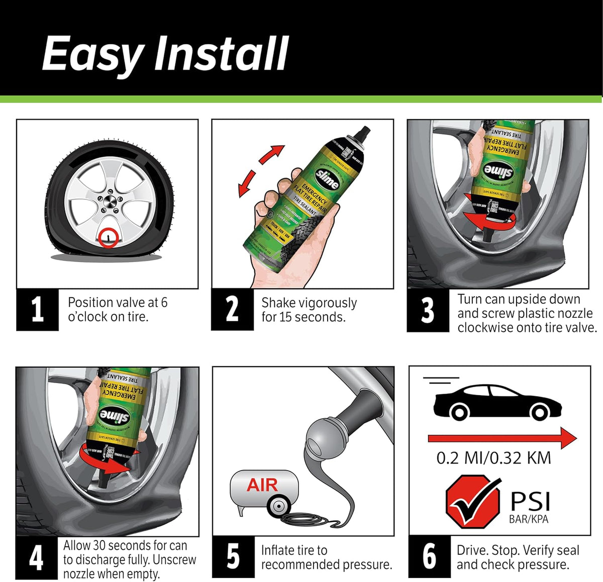 Slime 50107 Flat Tire Puncture Repair, Smart Spair, Emergency Kit For Car Tires, Includes Sealant And Tire Inflator Pump, Suitable For Cars And Other Highway Vehicles, 15 Min Fix
