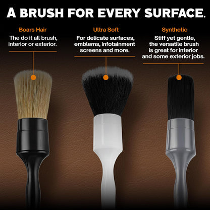 Premium Car Detailing Brush Set - Professional 3 Pack Kit Detail Brushes with Soft Boars Hair Bristles for Auto Interior & Exterior - for Cleaning Leather Seats, Air Vents, Wheels & Emblems