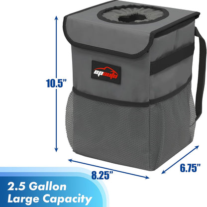 EPAuto Waterproof Car Trash Can with Lid and Storage Pockets, 2.5 Gallon, Black