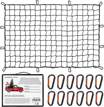 Heavy Duty Cargo Net for Pickup Truck Bed - Stretches from 5' x 7' to 15' x 21' - 12 Metal Carabiners - Compatible with Ford, Dodge RAM, Chevy, Toyota - Ideal for (Black, 5X7 Feet)
