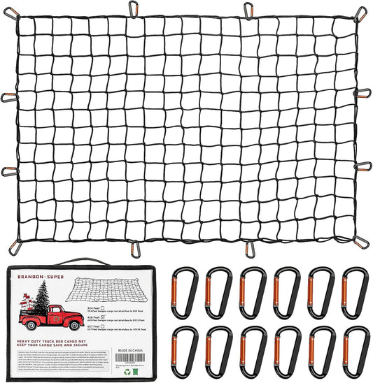 Heavy Duty Cargo Net for Pickup Truck Bed - Stretches from 5' x 7' to 15' x 21' - 12 Metal Carabiners - Compatible with Ford, Dodge RAM, Chevy, Toyota - Ideal for (Black, 5X7 Feet)