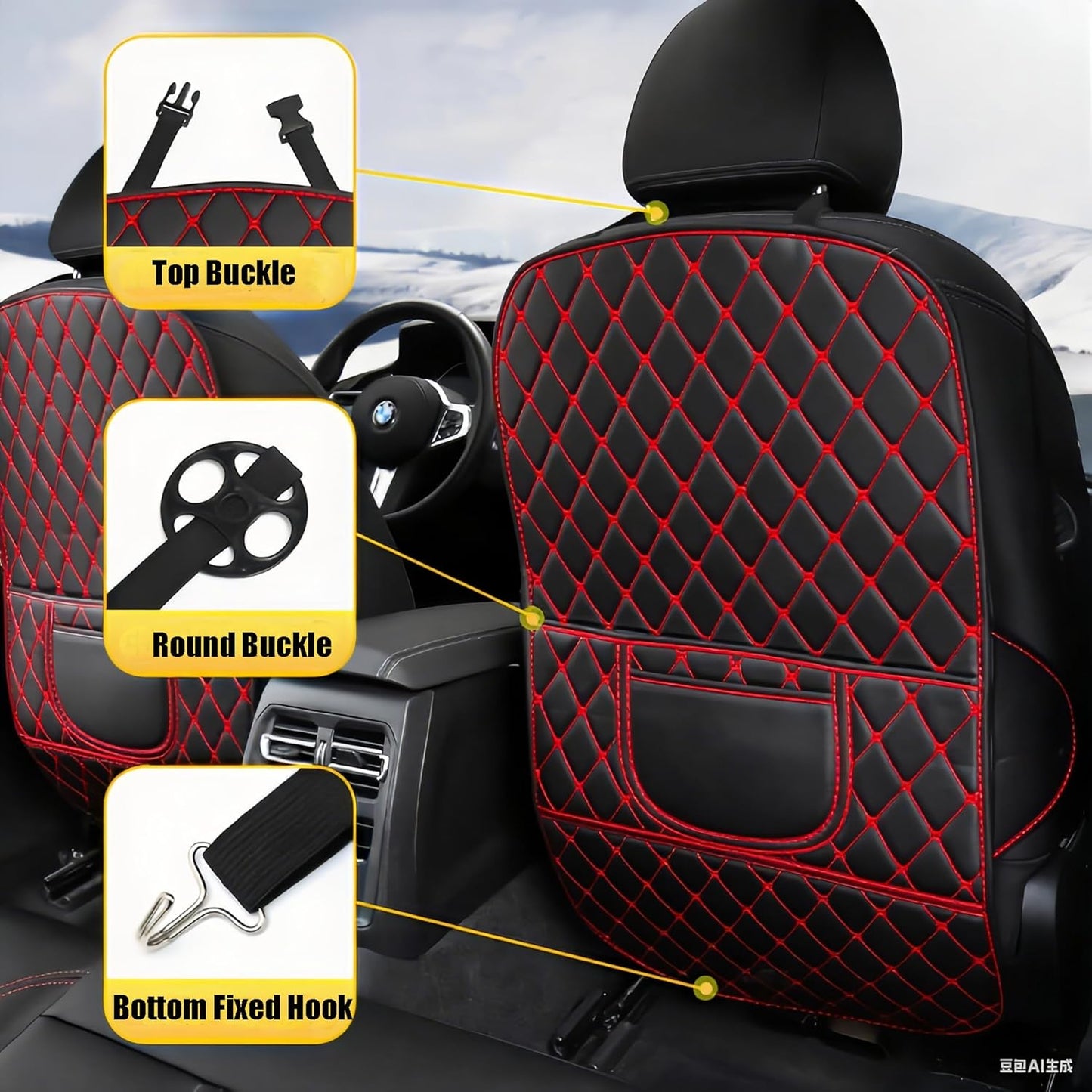 Leatherette Car Seat Protector - 2 Pack Large Car Kick Mats with Storage Pockets Organizer Seat Back Cover Against Dirty Shoes & Scratches, Universal Fit for Most Vehicles (Black)