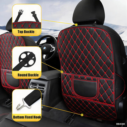 Leatherette Car Seat Protector - 2 Pack Large Car Kick Mats with Storage Pockets Organizer Seat Back Cover Against Dirty Shoes & Scratches, Universal Fit for Most Vehicles (Black)
