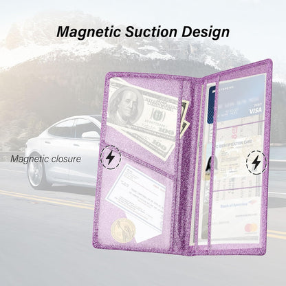 Stacool Bling Car Registration and Insurance Holder with Magnetic Clasp,PU Leather Car Organizers for ID,Bank Cards,Universal Glove Box Organizer (Purple)
