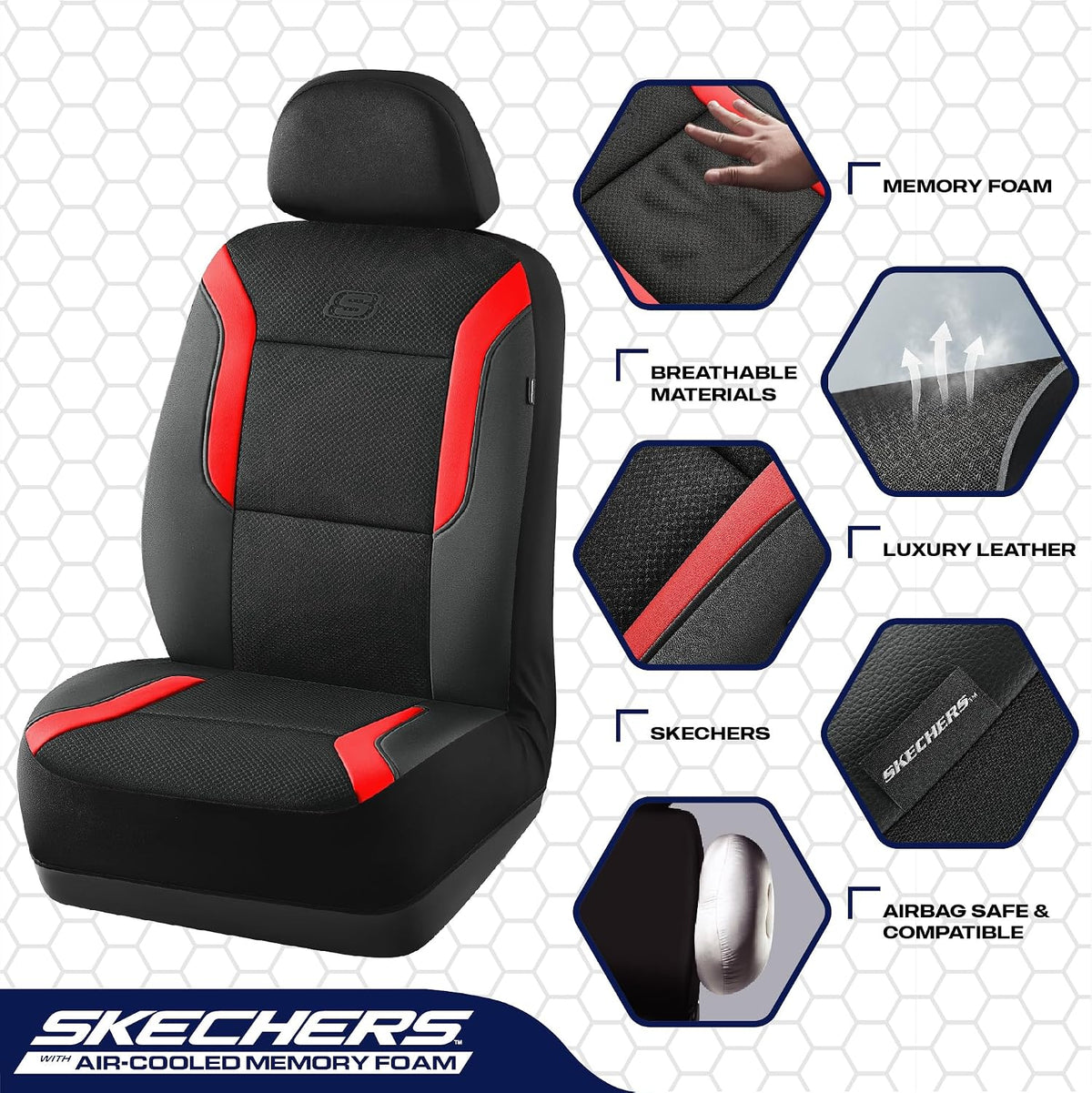 Skechers Memory Foam Seat Covers, Air Cool Mesh Thick Car Seat Covers, Car Seat Covers Front Seats Airbag Compatible, Universal Automotive Comfort for Most Cars, Vans, Trucks, SUV,Black