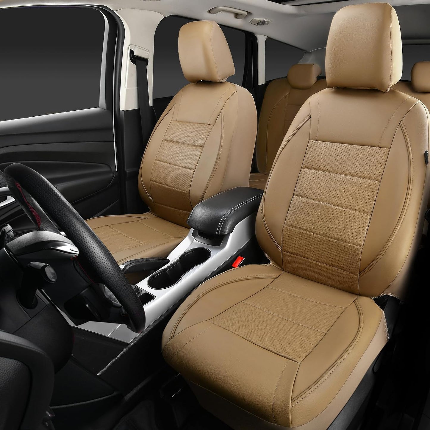 CAR PASS Universal FIT Piping Leather Two Front Seat Covers, Waterproof Faux Leather for SUV Sedan Van Truck, Airbag Compatible,Reserved Opening Holes for Headrest Covers. (Black red)