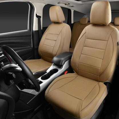 CAR PASS Universal FIT Piping Leather Two Front Seat Covers, Waterproof Faux Leather for SUV Sedan Van Truck, Airbag Compatible,Reserved Opening Holes for Headrest Covers. (Black red)