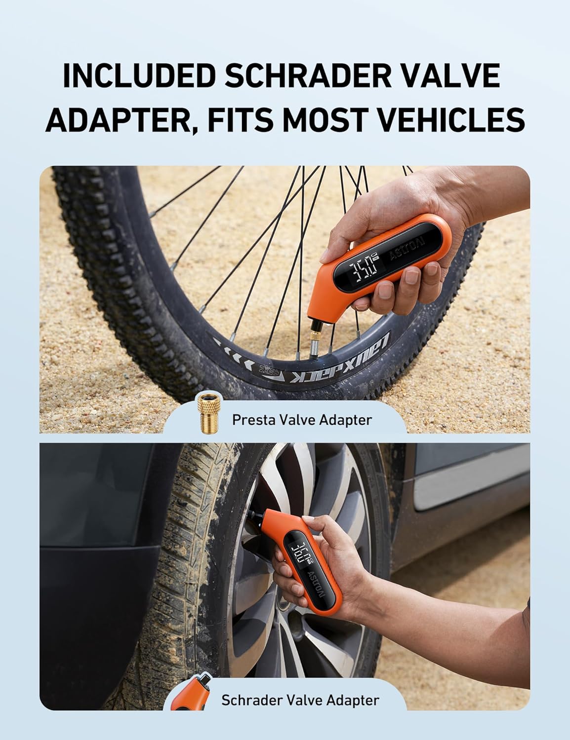 AstroAI Digital Tire Pressure Gauge 3-300PSI Calibrated to ANSI B40.7 Grade 2A (0.5%), Backlight and Flashlight, Presta Valve Adaptor Included, 4 Units, AAA Batteries, Orange