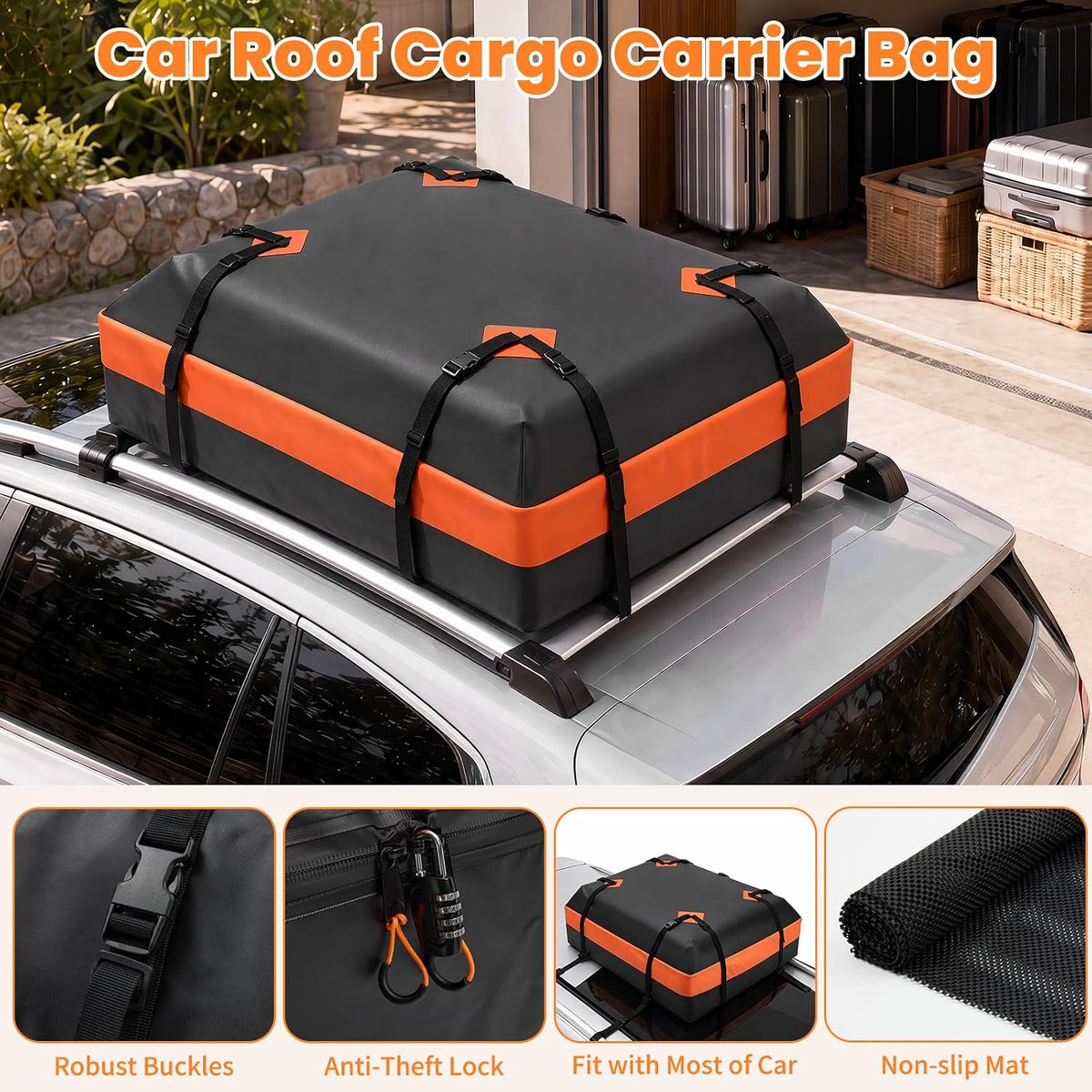 20 Cubic Feet Heavy Duty Waterproof Car Rooftop Cargo Carrier Bag | for All Vehicles with/without Rack, Includes Anti-Slip Mat, Reinforced Straps, Door Hooks, Storage & Luggage Lock