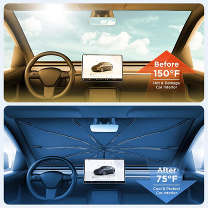 2026 Upgraded Windshield Sun Shade Umbrella [7-Layer Vinyl Coating Heat Shield] Foldable Front Window Sunshade Umbrella Flexible Handle Protect Interior from UV Keep Car Cooler (57" x 31")