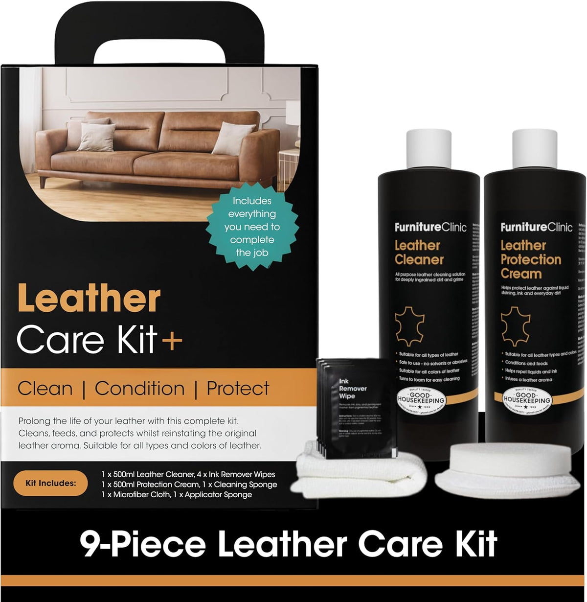 Furniture Clinic Leather Cleaning Wipes | 80 Count | 4-in-1 Clean, Nourish, Condition, & Restore Leather & Vinyl Furniture, Handbags, Jackets, Car Seats, Interiors & More | Residue & Streak-Free