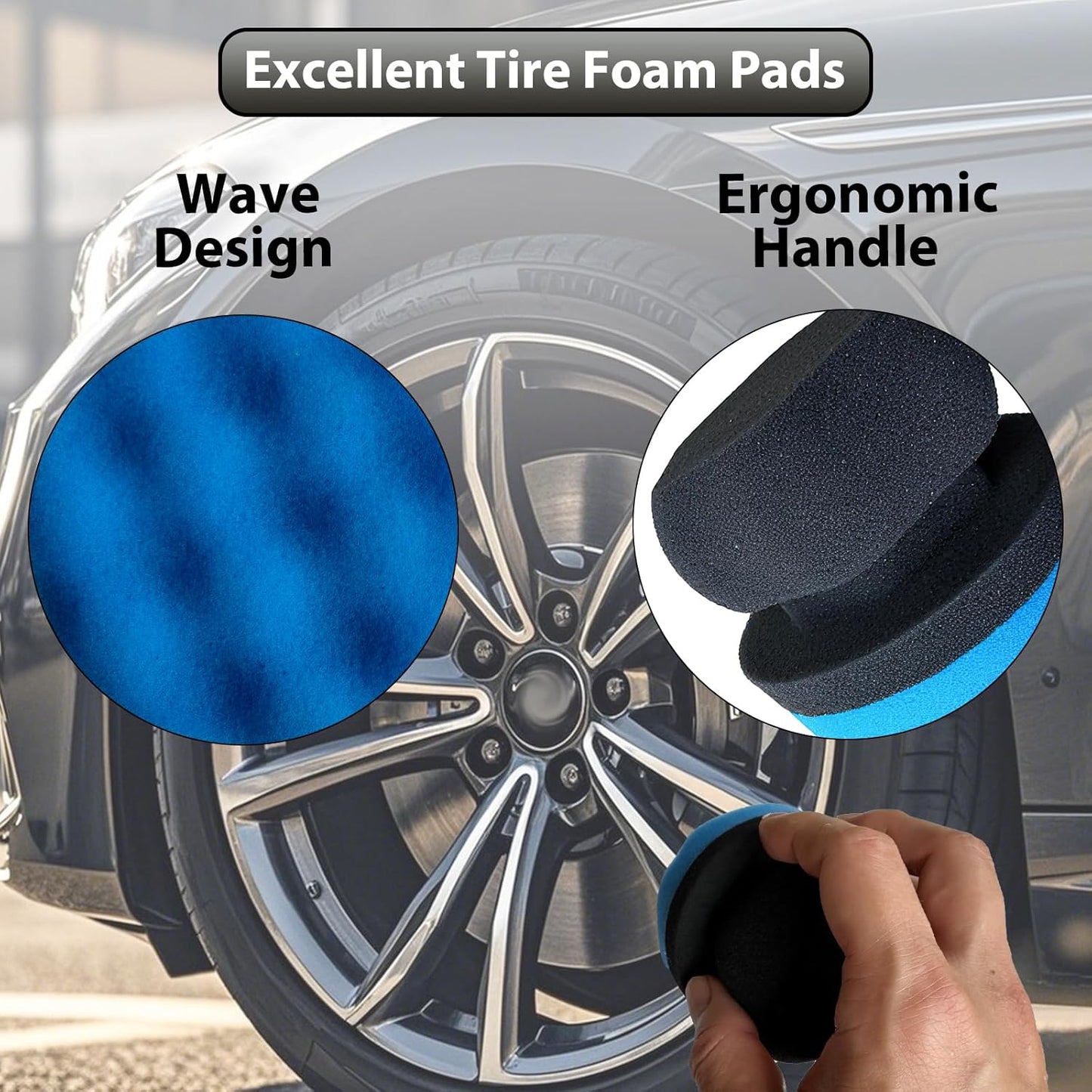 Tire Shine Applicator Pads, 2 Pcs Tire Dressing Applicator, Reusable Tire Shine Sponge Wave Contoured for Car Detailing, 3.15inch