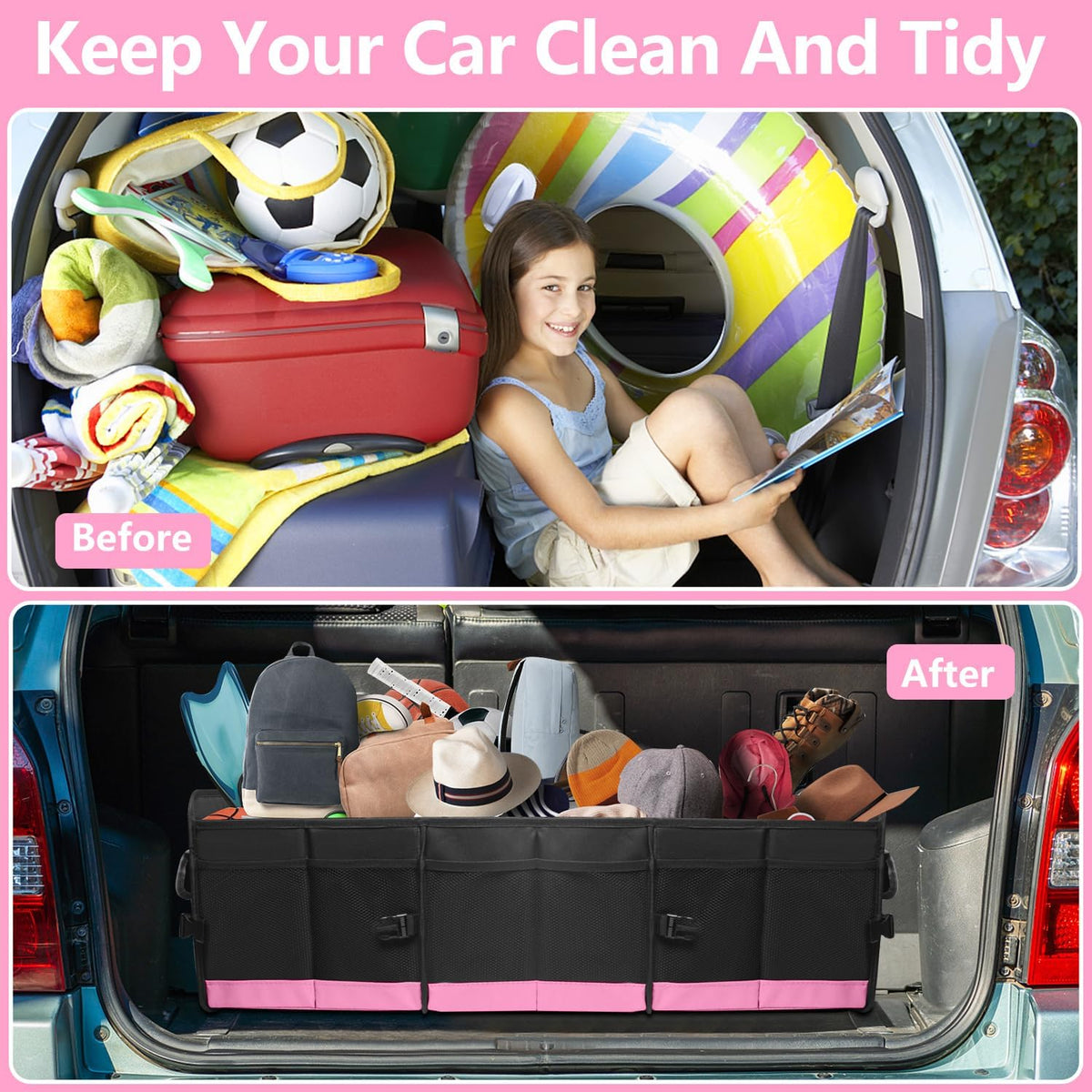 AOPHY Trunk Organizer for Car, 95L Large Capacity Trunk Storage with Non-Slip Bottom Strips, Cargo Organizer for Suv, Truck, Sedan, Waterproof Portable Car Organizers for Women Men(Pink)