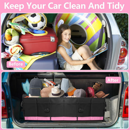 AOPHY Trunk Organizer for Car, 95L Large Capacity Trunk Storage with Non-Slip Bottom Strips, Cargo Organizer for Suv, Truck, Sedan, Waterproof Portable Car Organizers for Women Men(Pink)