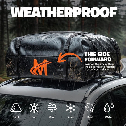 Mockins 16 Cu Ft Weatherproof No Rack Rooftop Cargo Carrier Bag 45"x34"x18" | Rooftop Cargo Bag for Top of Car | Car Topper Luggage Carrier Waterproof Set w/ Accessories | Vehicle Soft-Shell Carriers
