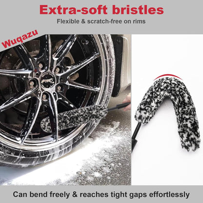 8PCS All-in-One Wheel & Tire Cleaning Kit - 360° Flexible Synthetic Wool Rim Brush, 2 Dual-Hardness Brushes, Dressing Pads & Storage Bag | Scratch-Free for All Vehicles