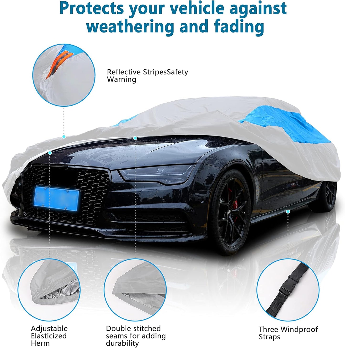 MORNYRAY Waterproof Car Cover All Weather Snowproof UV Protection Windproof Outdoor Full car Cover, Universal Fit for Sedan (Fit Sedan Length 194-206 inch, Blue)
