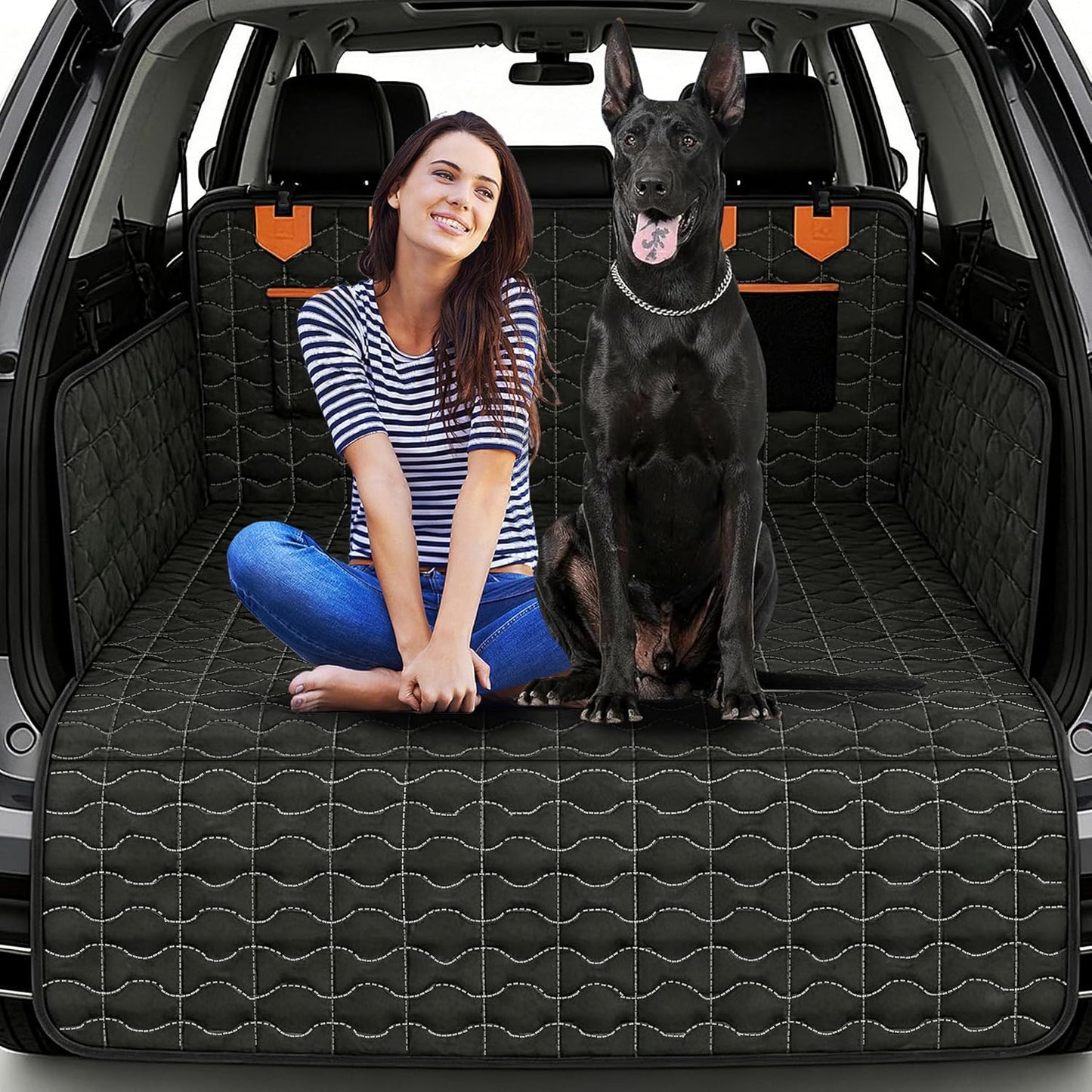 IJVAE SUV Cargo Liner for Dogs, Waterproof Dog Trunk Cover with Bumper Flap Protector, Pet Cargo Mat for SUVs Sedans Vans, Non-Slip Scratchproof Dog Seat Cover，Large Size Universal Fit, Black