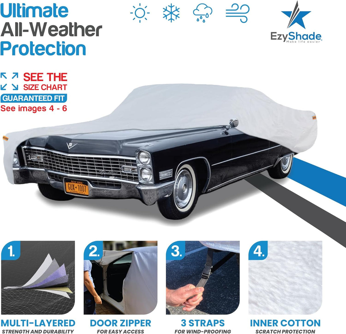 EzyShade 10-Layer Car Cover Waterproof All Weather - See Vehicle Size-Chart - Car Covers for Automobiles & Car Snow Cover - Full Exterior Covers - Winter Rain Sun SUV Sedan. Size A4 (See SizeChart)
