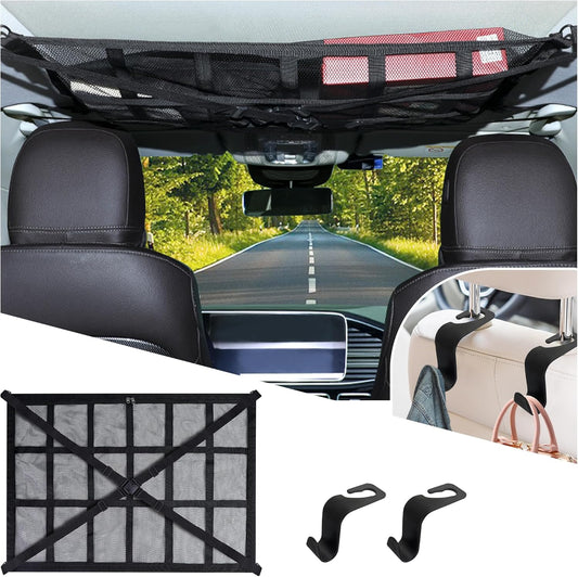 Car Ceiling Cargo Net with 2*Headrest Hook,Large Capacity Anti-Fall Cargo Net for Inside Car Roof Keeps Cars Interior Tidy,Universal Ceiling Cargos Nets for Mid & Large Cars/SUVs