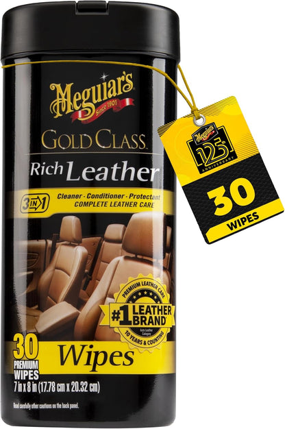 Meguiar’s Gold Class Rich Leather Wipes - Leather Car Cleaning Wipes that Offer Conditioning and UV Protection, Rich Moisturizers Help Prevent Leather From Drying Out and Cracking, 30 Wipes