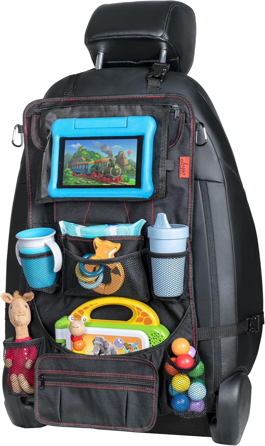 Lusso Gear Backseat Car Organizer- Kick Mat Protects Against Kids Feet - 12 Large Storage Pockets - iPad,Tablet, Water Bottle Holder- Durable, Heavy Duty Road Trip Essential (Black)