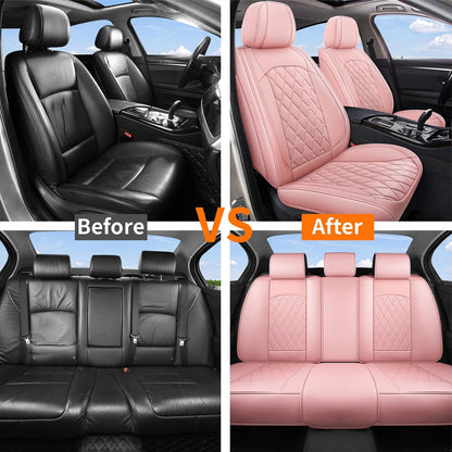 Car Seat Covers Full Set, Pink Leather Seat Covers for Car 5 Seats, Waterproof Car Seat Protector Front Seats Back Seat Cover, Automotive Carseat Cover Universal Fit for Most Cars SUV