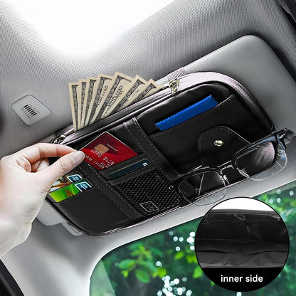 Car Sun Visor Organizer, Multi-Pocket PU Leather Sunglass Holder and Storage Pocket with Net Zipper, Card Sleeve Pocket Organizer, Auto Interior Accessories for Vehicle, Truck, SUV (Gray)
