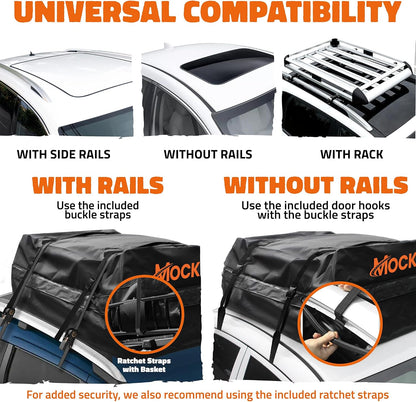 Mockins 16 Cu Ft Weatherproof No Rack Rooftop Cargo Carrier Bag 45"x34"x18" | Rooftop Cargo Bag for Top of Car | Car Topper Luggage Carrier Waterproof Set w/ Accessories | Vehicle Soft-Shell Carriers