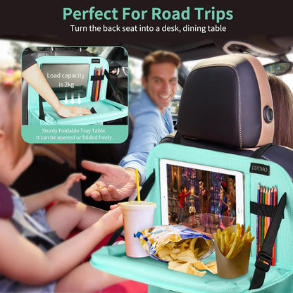 LUCMO Car Backseat Organizer with Tablet Holder,6 Storage Pockets Car Storage Organizer with Foldable Food Tray,Protectors Kick Mats Travel Accessories-Black