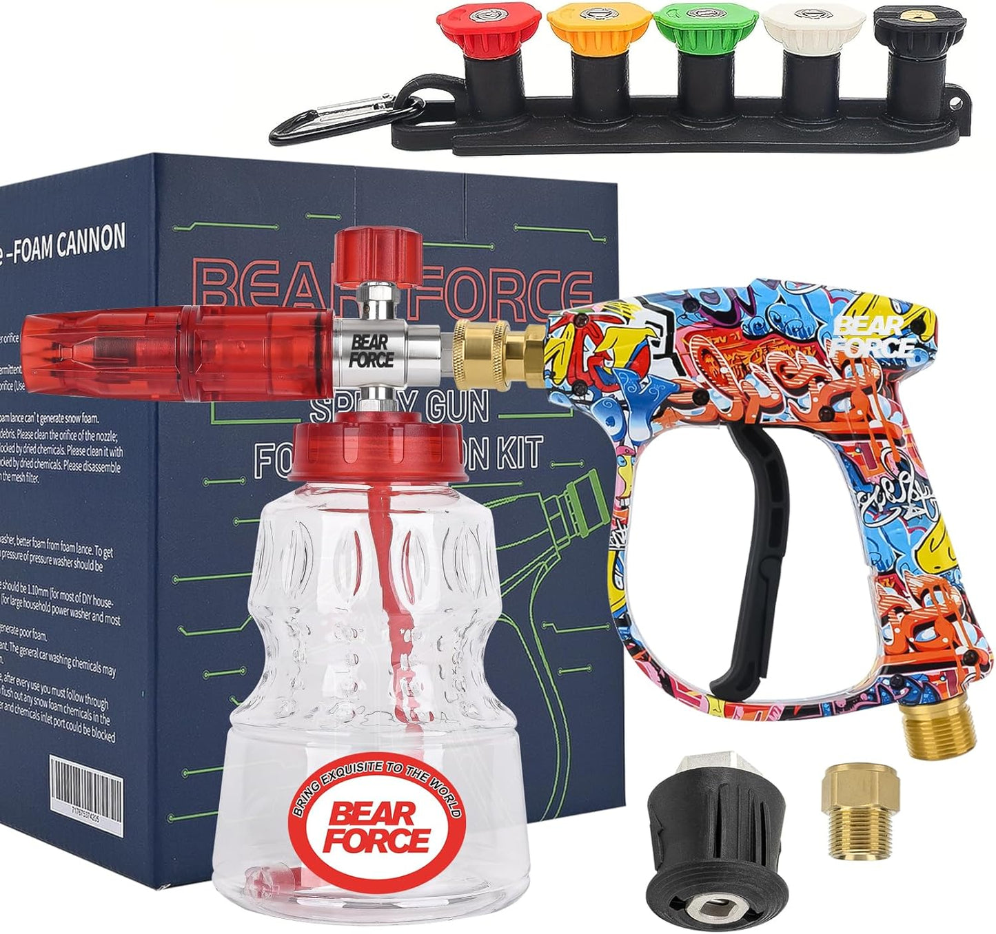 BEAR FORCE Pressure Washer Spray Gun Power Washer Short Gun with M22-ID14mm & Foam Cannon Foam Gun with 5 Nozzles Tips #035 & 3/8'' Quick Connector Swivel, Additional Orifice Nozzle 1.10mm Car Washing