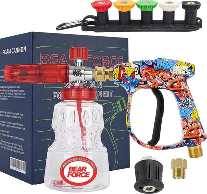 BEAR FORCE Pressure Washer Spray Gun Power Washer Short Gun with M22-ID14mm & Foam Cannon Foam Gun with 5 Nozzles Tips #035 & 3/8'' Quick Connector Swivel, Additional Orifice Nozzle 1.10mm Car Washing