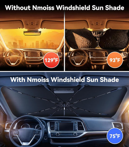 [Upgraded] Nmoiss Windshield Sun Shade Umbrella - [Vinyl Coating Heat Shield] Protect Car from Sun Rays & Heat Damage Keep Cool and Protect Interior, Spring Structure Edge Medium 56" L x 31" W