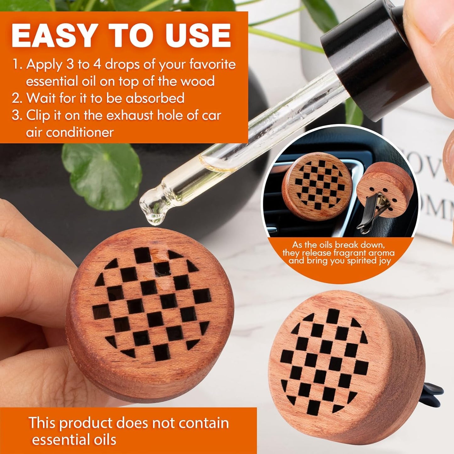 Essential Oil Car Diffuser, 2 PCS Car Aromatherapy Wood Diffuser with Vent Clip