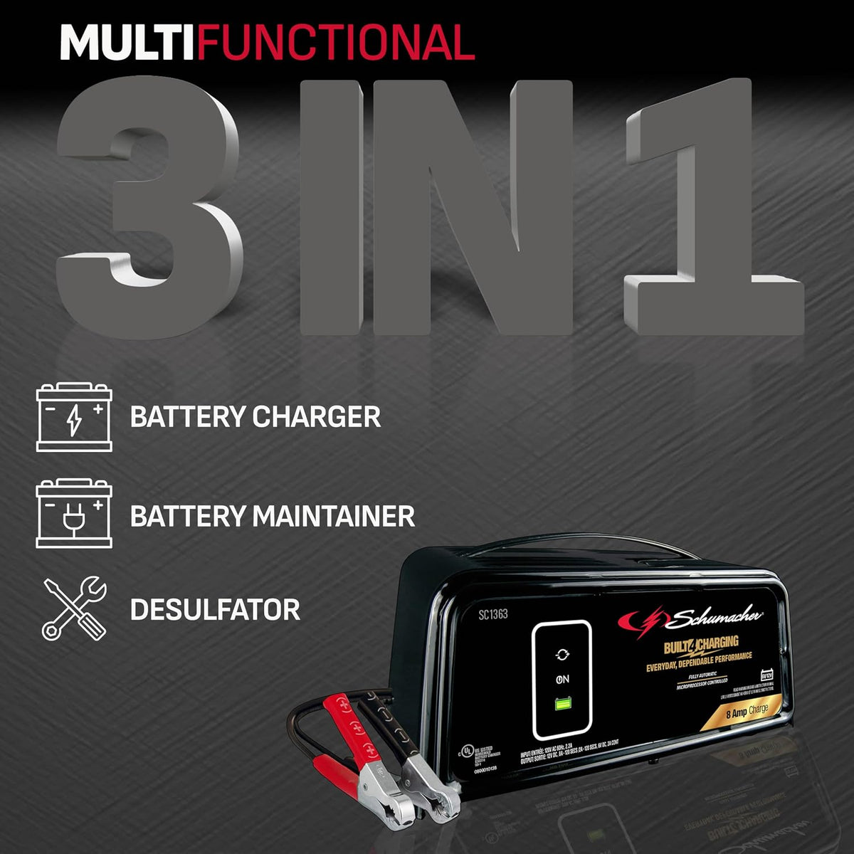 Schumacher Electric 8A Car Battery Charger and Maintainer, 3-in-1 Solution, for 6V/12V Power Sport, Automotive, and Marine Batteries, SC1363