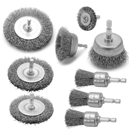 VIDICA Wire Brush for Drill Set 9Pcs,Abrasive Wire Wheel for 1/4 Inch Hex Shank, Wire Cup Brush for Drill, Coarse Crimped Carbon Steel Wire Brush Set for Removing Paint and Rust