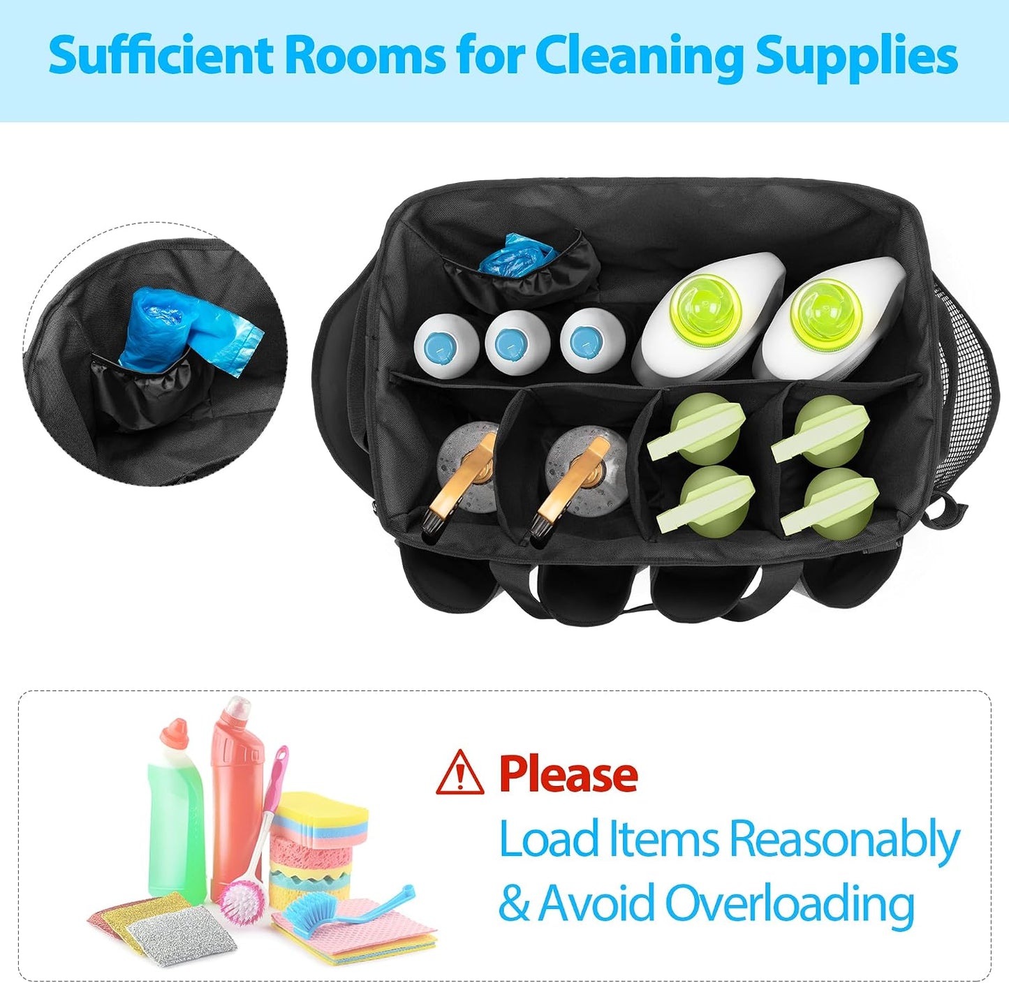 HODRANT Extra-Large Cleaning Caddy, Organizer with Handles for Cleaning Tools & Products Storage, Large Capacity Tote Bag for Car, Home & Housekeeping Work, Gray