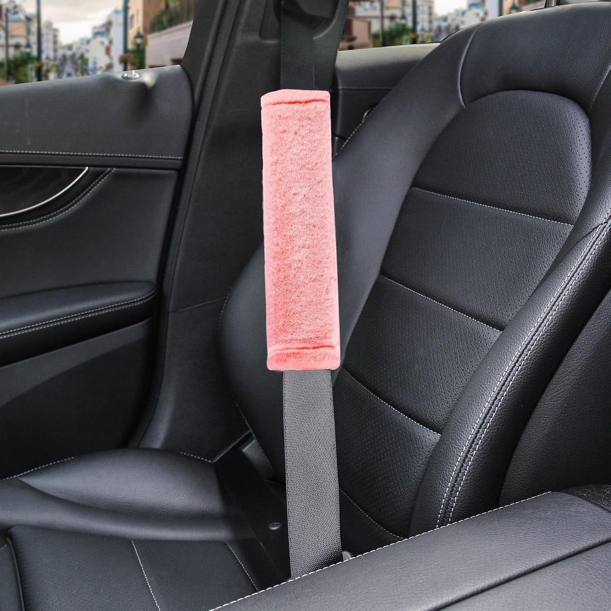 Amooca Soft Faux Fur Universal Fit Seatbelt Cover Car Truck SUV Airplane Seat Belt Shoulder Pad for Carmera Backpack Straps Neck Cushion Protector 2 Pack 10.5in Dark Gray