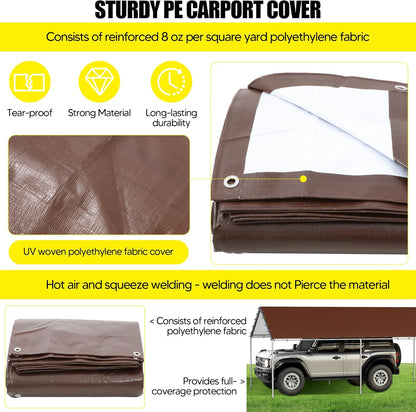 10 x 20 Ft Carport Replacement Canopy Cover Garage Top Tent Shelter Tarp with Free 48 Ball Bungee Cords,White(Only Cover, Frame Not Include)