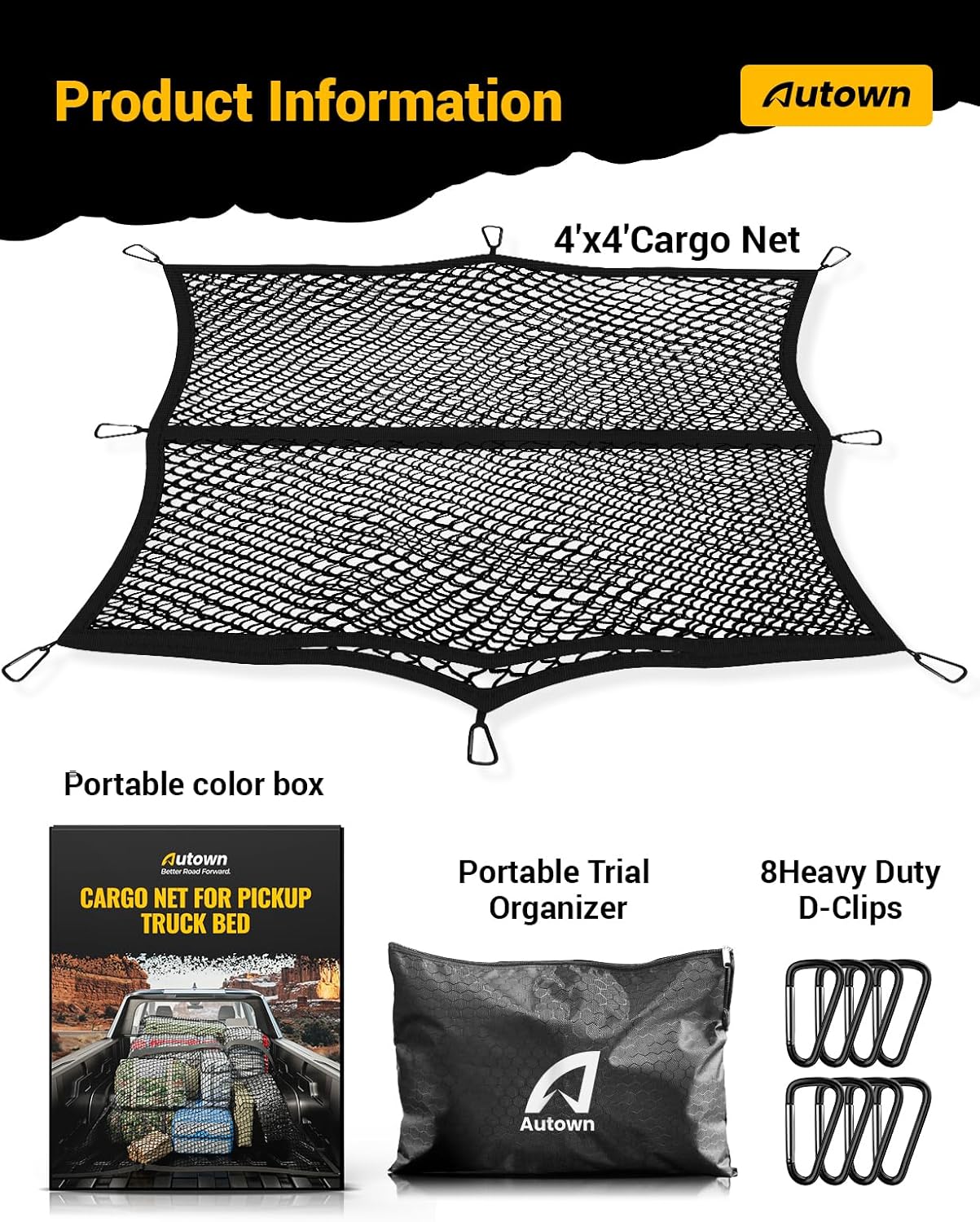 AUTOWN Cargo Net for Pickup Truck Bed - Stretchable 4'x4' to 7'x7', High Elastic Fine Mesh 1''x1'' with 8 Metal Carabiners - Ideal for ATV, SUV, UTV, Truck and Boat Use (Single Layer)