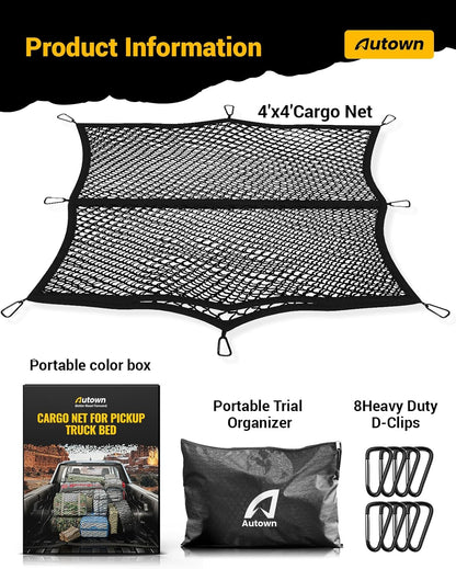 AUTOWN Cargo Net for Pickup Truck Bed - Stretchable 4'x4' to 7'x7', High Elastic Fine Mesh 1''x1'' with 8 Metal Carabiners - Ideal for ATV, SUV, UTV, Truck and Boat Use (Single Layer)