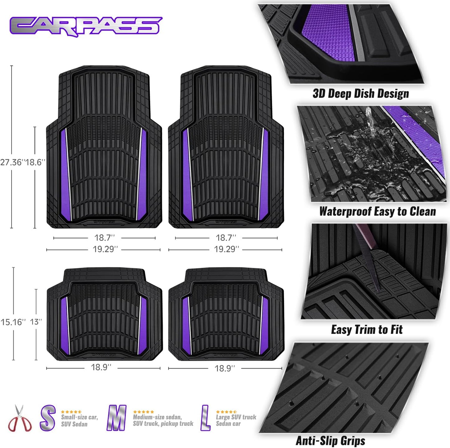 CAR PASS Heavy Duty Rubber Car Floor Mats, Deep Waterproof Car Floor Mats All Weather, Aluminum Film Floor Mats for Cars Non-Slip Universal Trim to Fit for SUVs Trucks Sedans Vans, Black Grey Metallic