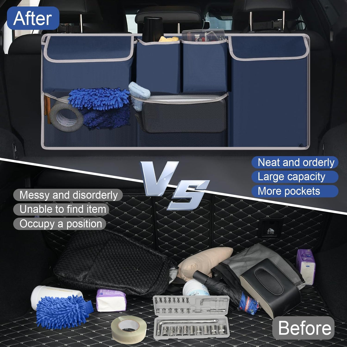 UYYE Trunk Hanging Organizer, Backseat Bag, Car Interior Accessories with 4 Pockets & 2 Mesh Pouches for Groceries, Will Provide More Storage Trunk Space for SUV, Jeep, MPVs