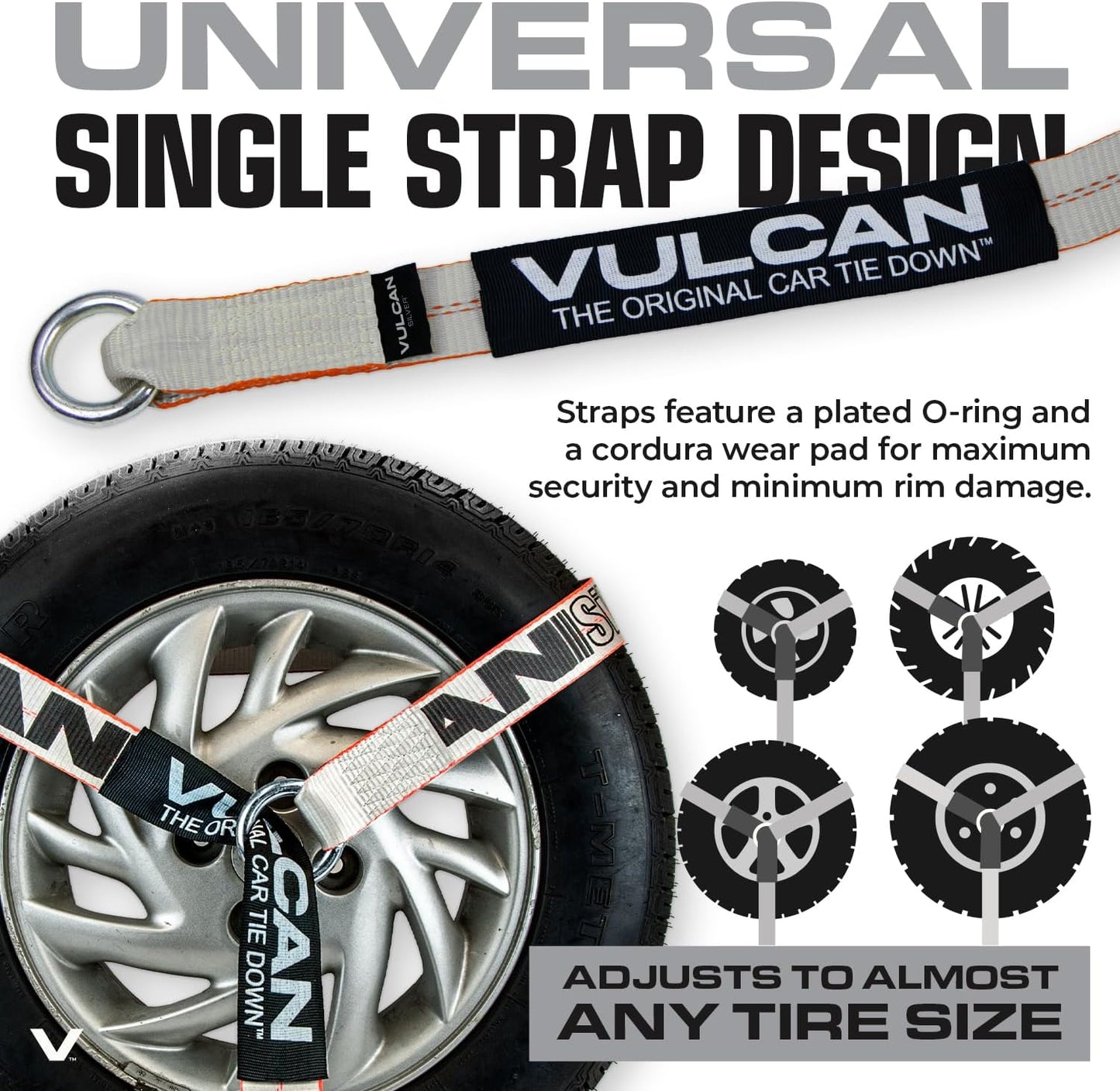 VULCAN Car Tie Down with Flat Hooks - Lasso Style - 2 Inch x 96 Inch - 4 Pack - Silver Series - 3,300 Pound Safe Working Load