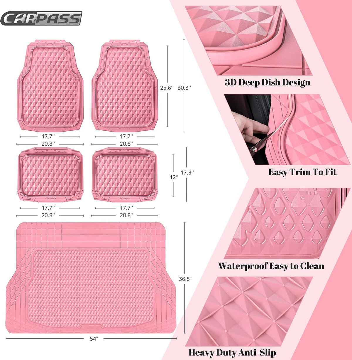 CAR PASS Heavy Duty Rubber Car Mats, Deep Dish All-Weather Floor Mat for Car Full Set Durable Anti-Slip 3D Rhombus Waterproof Trim to Fit Liner Universal Fit Automotive,Sedan,SUV,Truck, 3 Piece Black