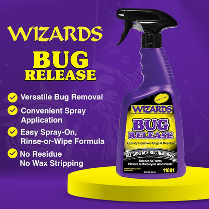 Wizards Bug Release - All Surface Bug Remover and Wash for All Vehicles - Softens and Neutralizes Acidic Bug Protein - Doubles as Spot Cleaner and Pre-Soak Car Cleaner - 22 Fl Oz